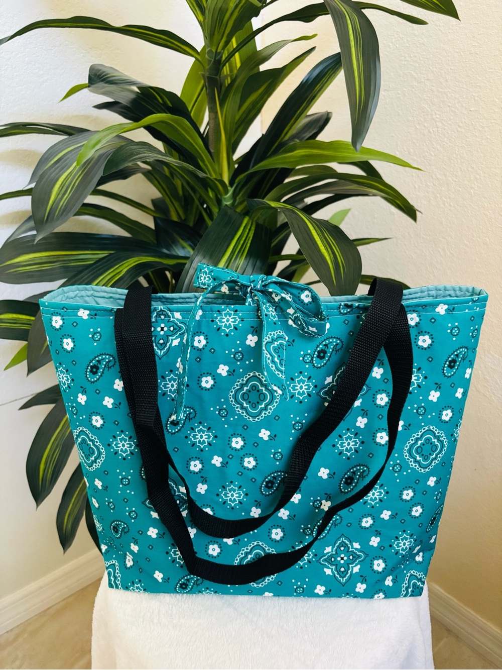 Handmade Turquoise Paisley Tote with Black Straps